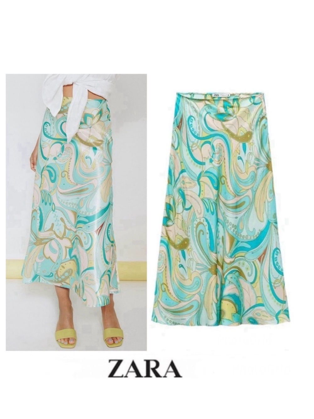 ZARA Sea Green Spring Multicolor 100% Viscose A Line Side Zip Midi Skirt Sz L